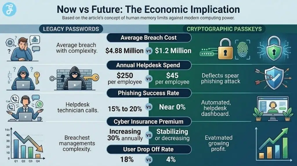 Financial infographic comparing the cost of legacy passwords to the savings from cryptographic passkeys in 2026.