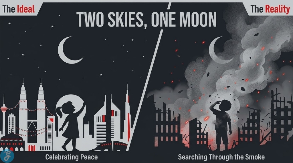 Split-screen showing peaceful Eid vs smoke-choked sky in Iran.