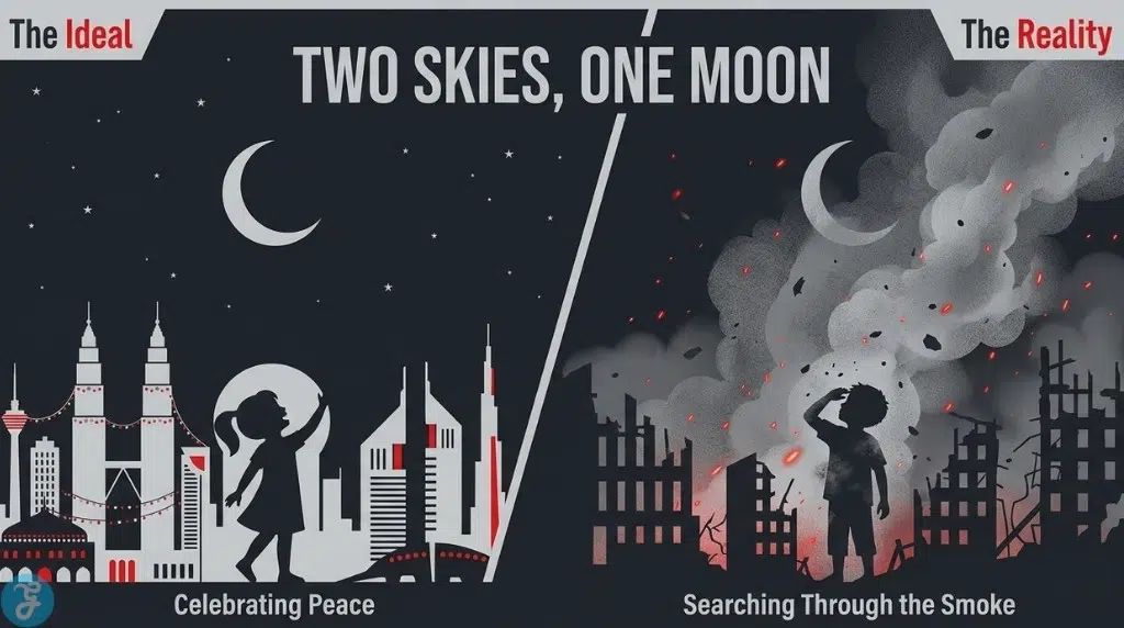 Split-screen showing peaceful Eid vs smoke-choked sky in Iran.