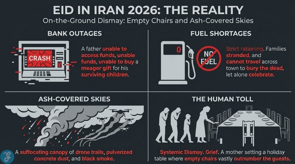 Matrix showing bank outages, fuel shortages, and human toll in Iran.