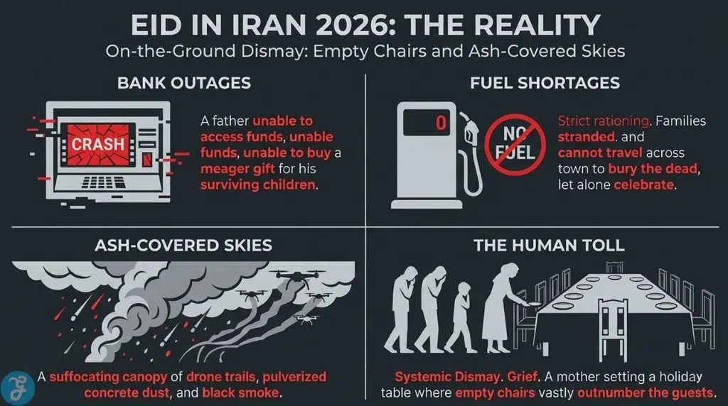 Matrix showing bank outages, fuel shortages, and human toll in Iran.