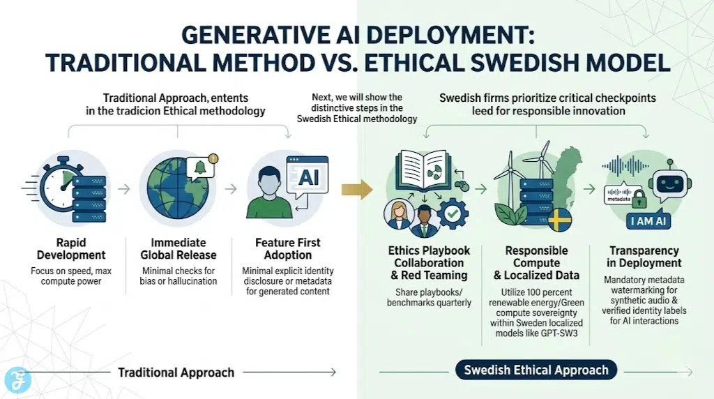 Landscape comparison infographic contrasting traditional AI deployment with the comprehensive steps involved in Ethical Generative AI Adoption using the Swedish model.