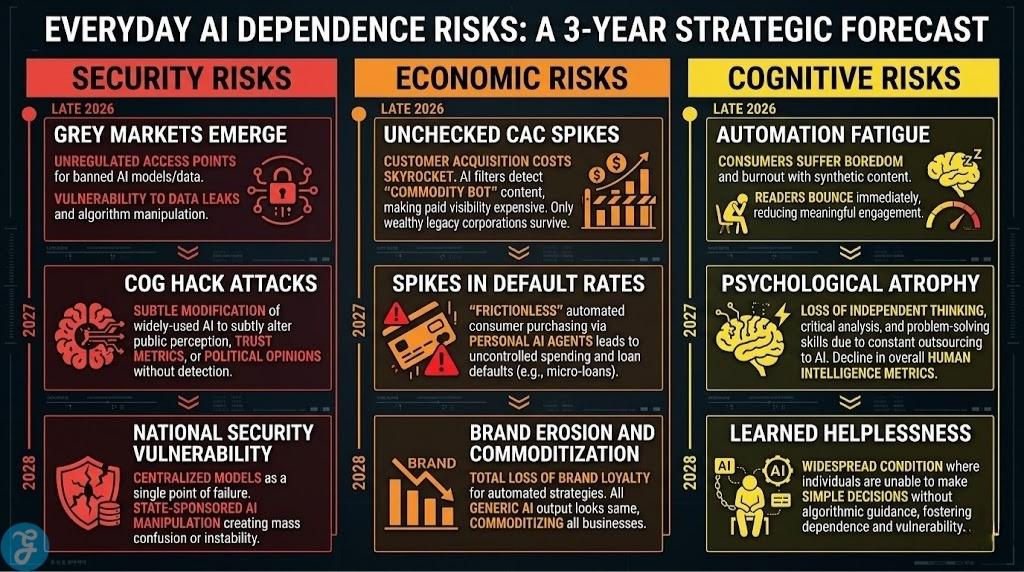 A 3-year strategic forecast of security, economic, and cognitive risks resulting from mass AI dependence through 2028