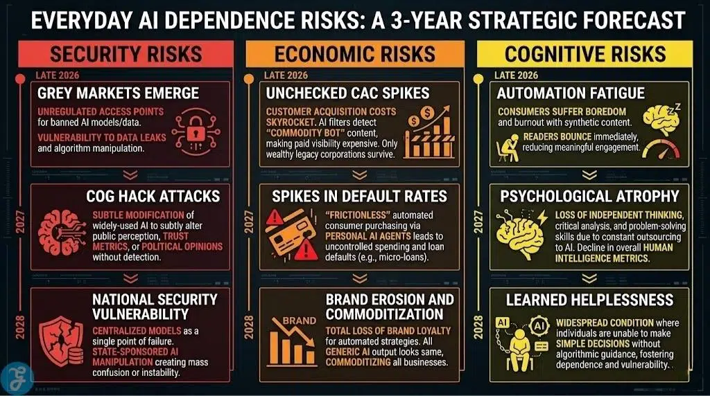 A 3-year strategic forecast of security, economic, and cognitive risks resulting from mass AI dependence through 2028