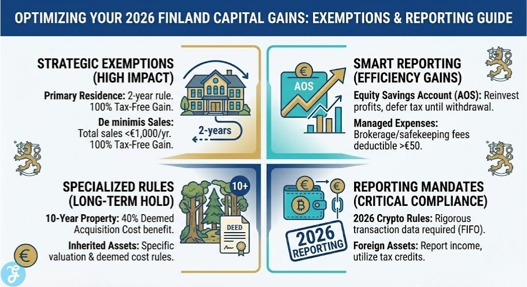 Four-quadrant matrix infographic visualizing Finland's 2026 capital gains exemptions, reporting mandates, and strategic accounts (AOS).
