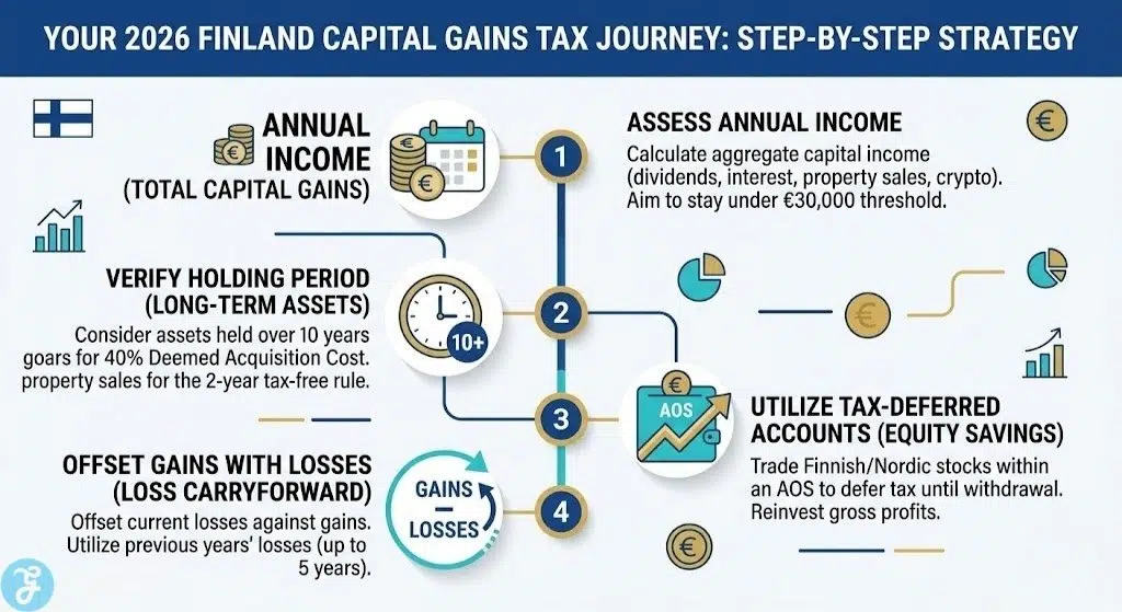 Infographic outlining a 4-step strategic timeline for managing Finland's capital gains tax.