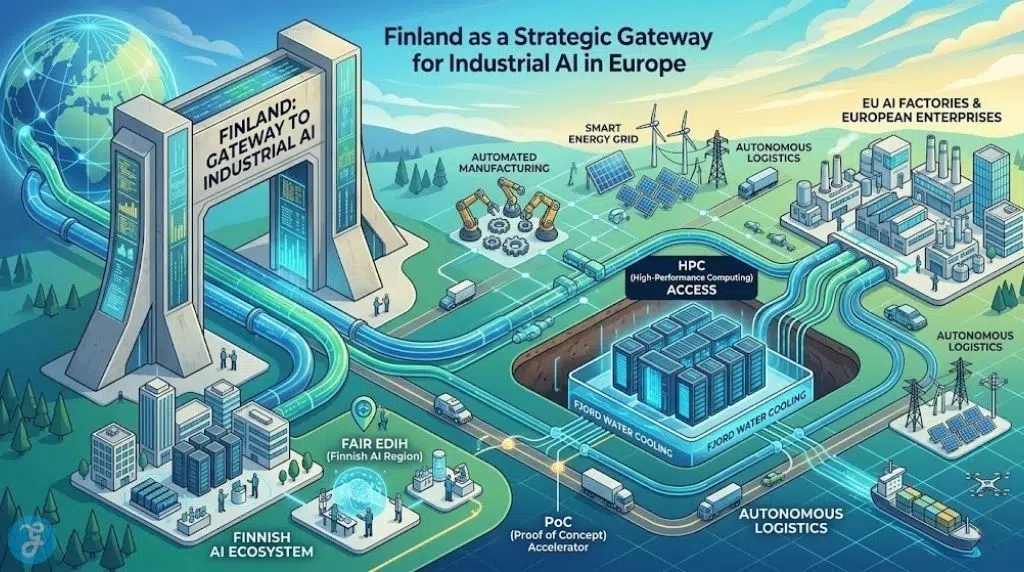 Infographic conceptually visualizes Finland as a strategic gateway for industrial AI, connecting EU factories and enterprises.