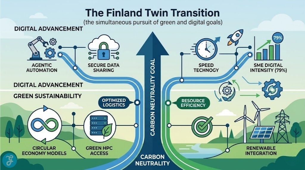 Infographic visually explains the concept of the Finland Twin Transition, leveraging digital advancements for green sustainability.