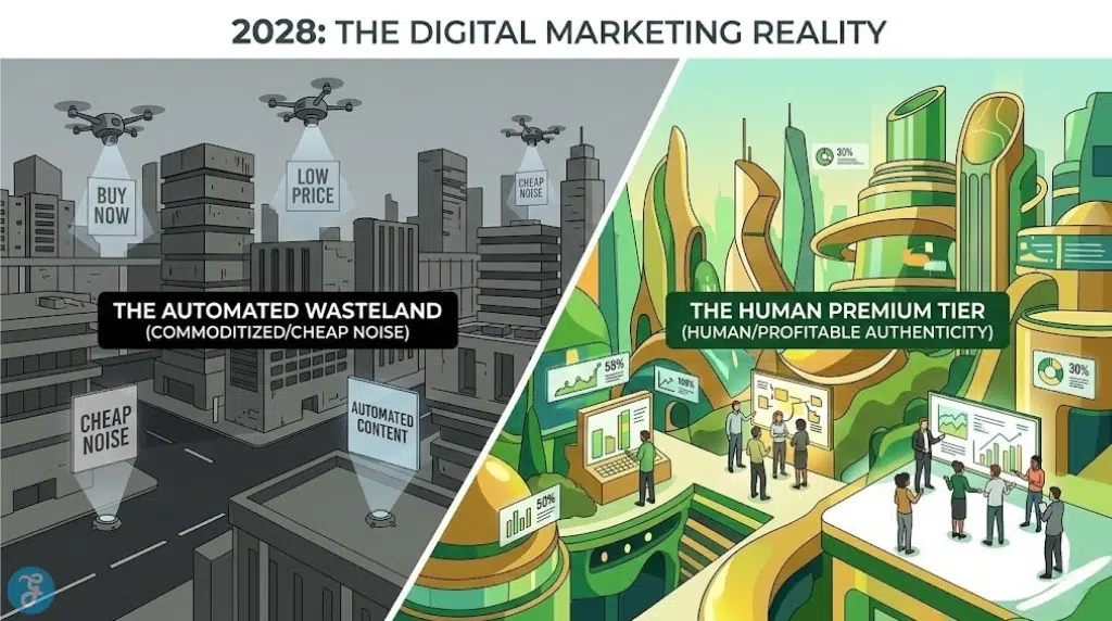Foresight illustration showing the market split between an automated wasteland and a human premium tier.