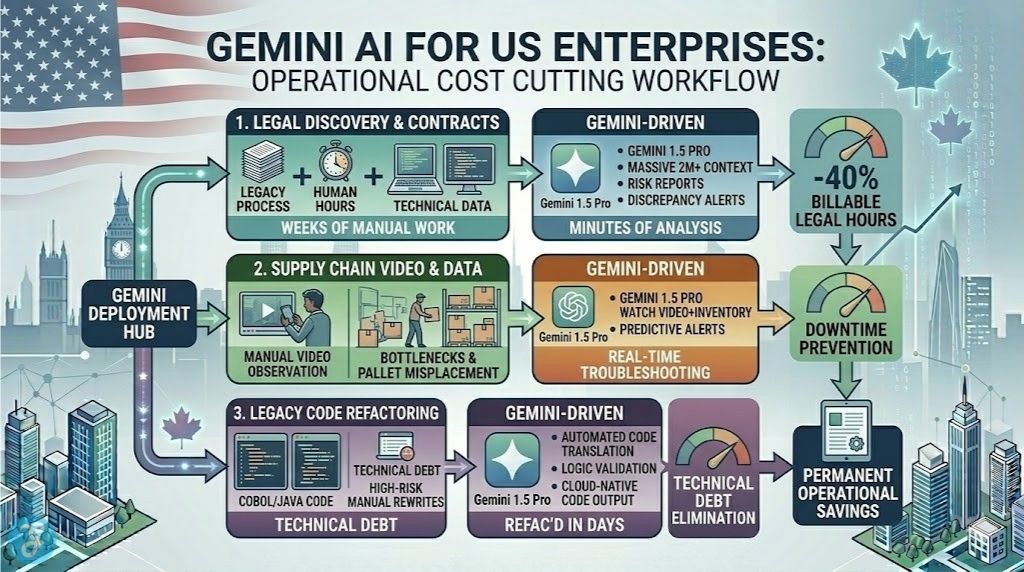 A landscape operational infographic visual for US Enterprises, contrasting detailed Legacy vs. Gemini-Driven workflows in a sleek command center style, illustrating transformations and results for Legal Discovery (-40% Billable Hours), Supply Chain Troubleshooting (Downtime Prevention), and Legacy Code Migration (Technical Debt Elimination).