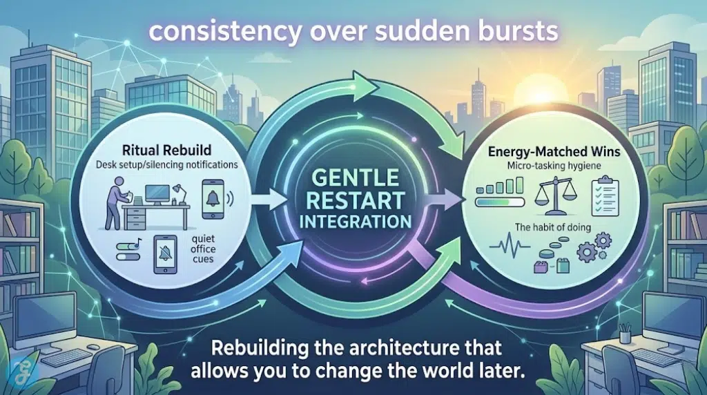 Closed-loop workflow system illustrating how to rebuild consistency and long-term momentum after the Eid holidays.