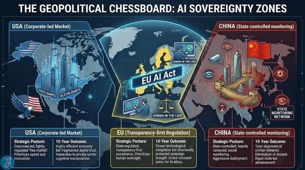 Geopolitical map illustrating the different AI governance strategies and 10-year outcomes for the USA, EU, and China