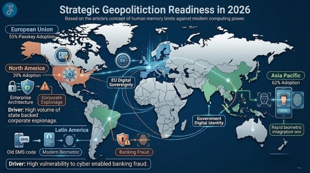 Geopolitical infographic map showing global passkey adoption rates and authentication stances across regions in 2026.