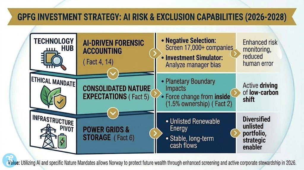 A professional high-end vector segmented diagram infographic titled 'GPFG INVESTMENT STRATEGY: AI RISK & EXCLUSION CAPABILITIES (2026-2028)' on a clean white background. It uses a sophisticated Navy Blue, White, Teal, and Gold Batch 3 palette to conceptualize Norway's integrated strategy. A stack of three blocks visualizes tiers: 'TECHNOLOGY HUB' (AI screening, Fact 4, 14), 'ETHICAL MANDATE' (Nature expectations, Fact 5), and 'INFRASTRUCTURE PIVOT' (Power grids, Fact 6). High-end icons like microchips, shields, and transmission towers illustrate key points, maximizing professional white space for mobile readability. Logic arrows show sequential process flow, and the entire visual is contained within a delicate bubble shield. No footer.
