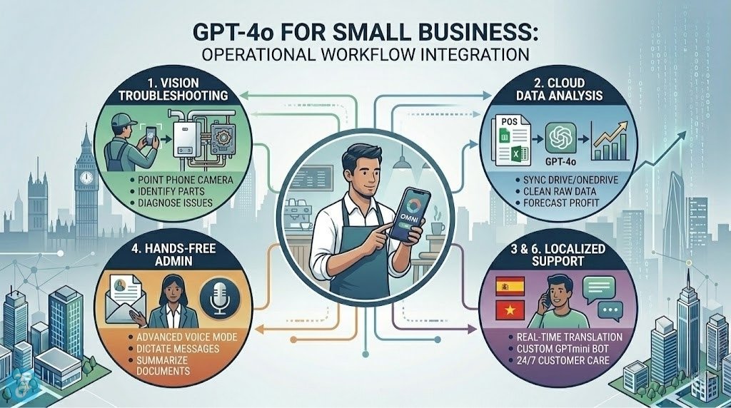 A landscape operational infographic showing how an American small business integrates GPT-4o tips into a seamless workflow across vision, voice, text, and data, enhancing daily productivity