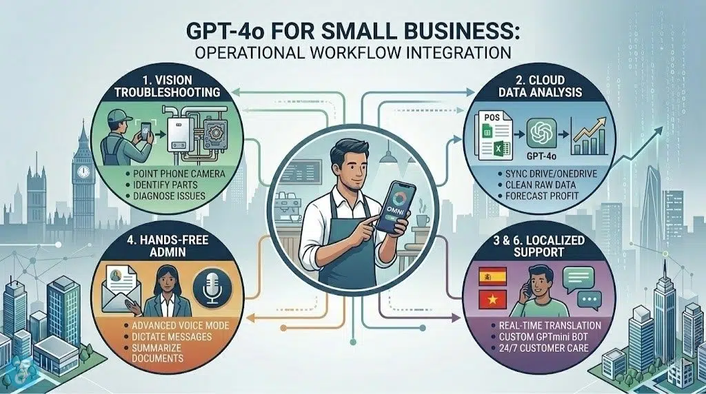 A landscape operational infographic showing how an American small business integrates GPT-4o tips into a seamless workflow across vision, voice, text, and data, enhancing daily productivity