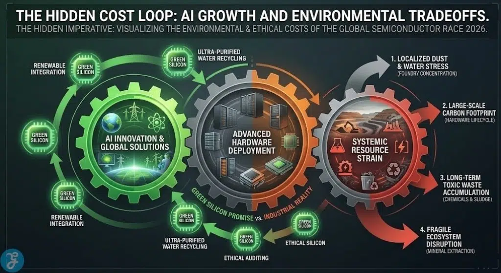 Systemic diagram visualizing the hidden imperative and cost loop, contrasting AI growth and green silicon promise with the severe environmental and ethical trade-offs of the 2026 semiconductor race.