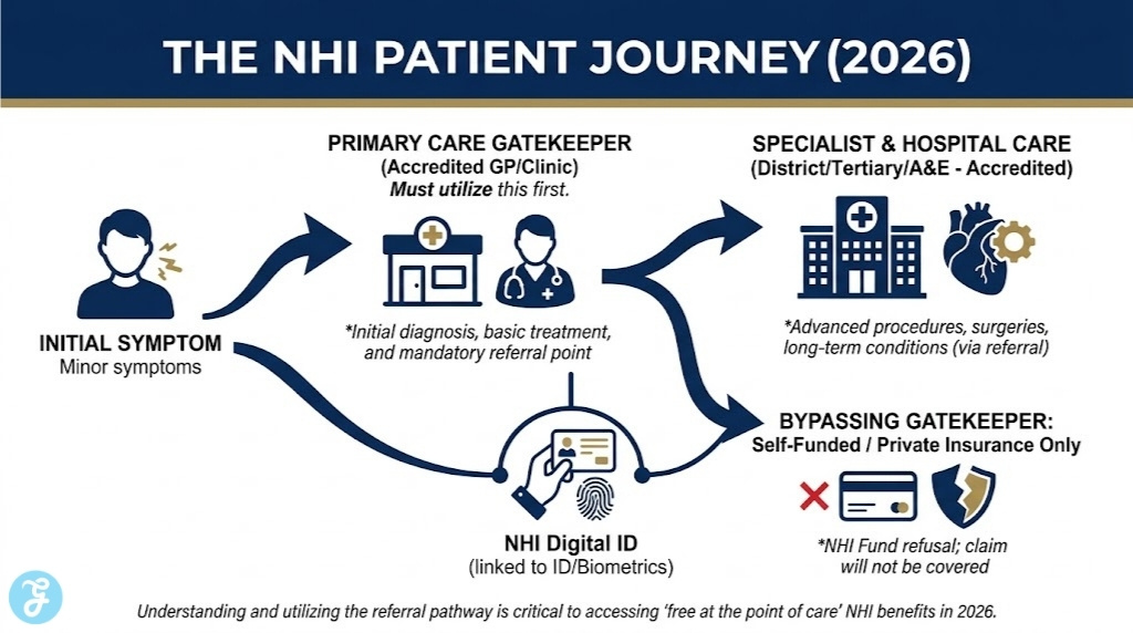 A clean vector infographic flowchart titled 'THE NHI PATIENT JOURNEY (2026)' in a navy blue, white, and gold style. It illustrates the required referral pathway from a patient's initial symptom, to an accredited GP Gatekeeper, and finally to Specialist or Hospital care, linked via a mandatory Digital ID.