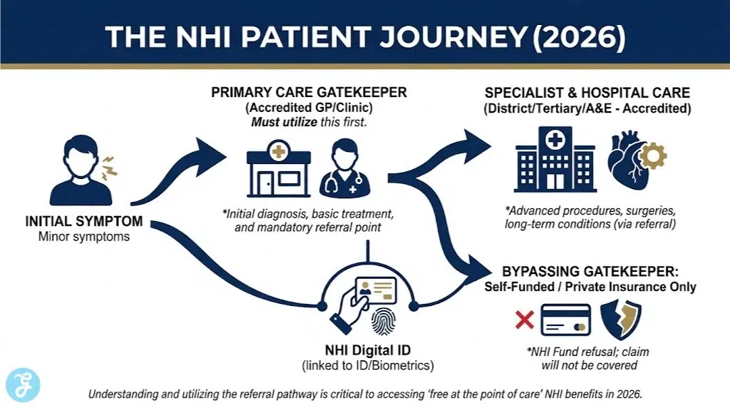 A clean vector infographic flowchart titled 'THE NHI PATIENT JOURNEY (2026)' in a navy blue, white, and gold style. It illustrates the required referral pathway from a patient's initial symptom, to an accredited GP Gatekeeper, and finally to Specialist or Hospital care, linked via a mandatory Digital ID.