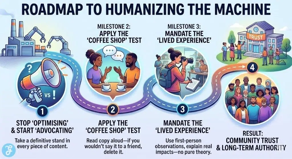 An illustrated 4-step roadmap for humanising brand content, including the coffee shop test, advocating over optimising, and mandating lived experience to build community trust.