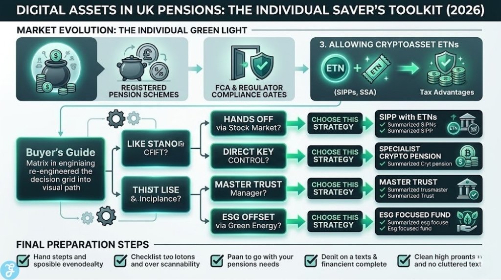 Infographic providing a practical visual toolkit and decision guide for individual UK pension savers seeking Bitcoin exposure