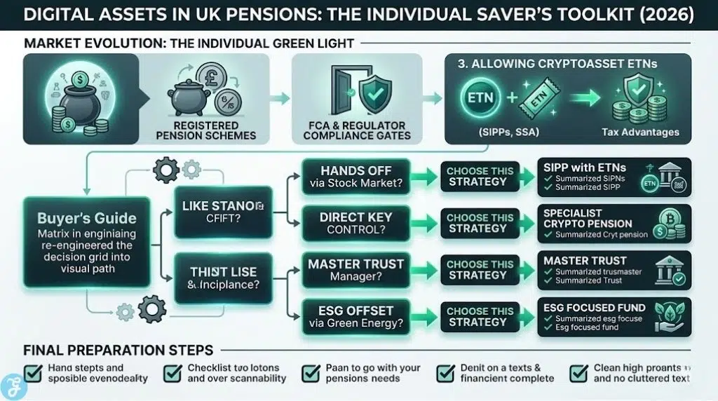 Infographic providing a practical visual toolkit and decision guide for individual UK pension savers seeking Bitcoin exposure