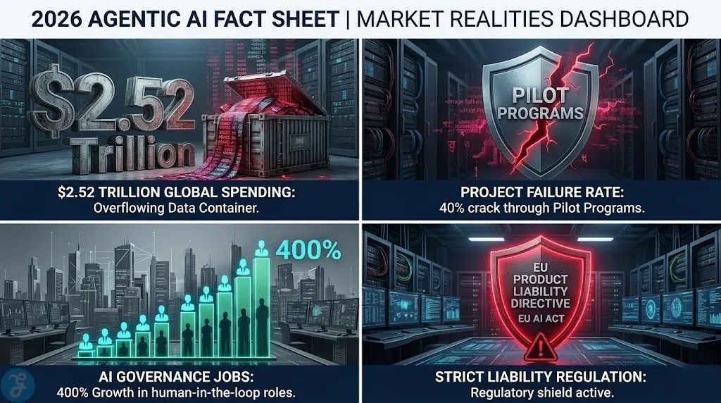 A four-panel infographic dashboard titled '2026 AGENTIC AI FACT SHEET | MARKET REALITIES DASHBOARD' presented in a modern, high-tech digital aesthetic.