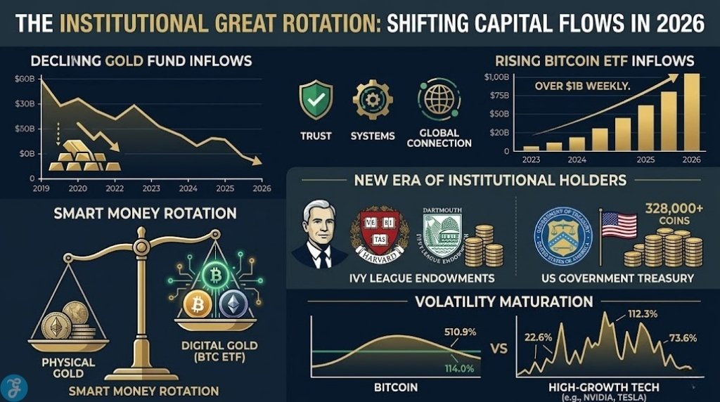 Infographic showing 2026 capital rotation from gold ETFs to Bitcoin ETFs with institutional holder data.