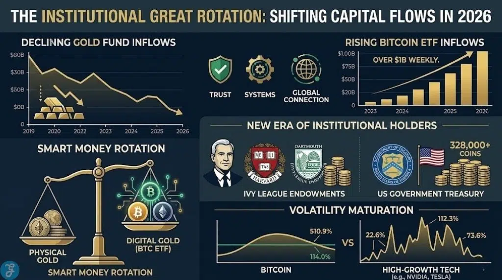 Infographic showing 2026 capital rotation from gold ETFs to Bitcoin ETFs with institutional holder data.