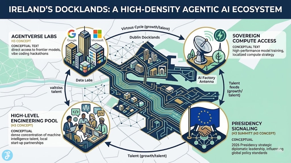 Landscape infographic conceptually visualizing the physical concentration of labs, compute infrastructure, and engineering talent within Ireland's Docklands as a leading Generative AI Hub.
