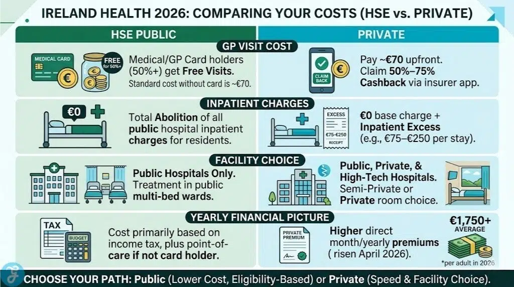 A financial breakdown infographic comparing costs between public and private healthcare in Ireland for 2026. The visual highlights €0 public inpatient charges versus private hospital excesses, GP visit costs (Medical Cards vs. insurance cashback), and facility choices ranging from public wards to high-tech private hospitals. It also notes the average 2026 private premium of €1,750 per adult.