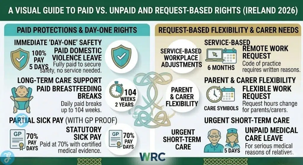 Infographic visually comparing paid vs. unpaid and request-based work-life balance rights in Ireland for 2026, contrasting 'day-one' safety with service-based requests and sick pay requirements.