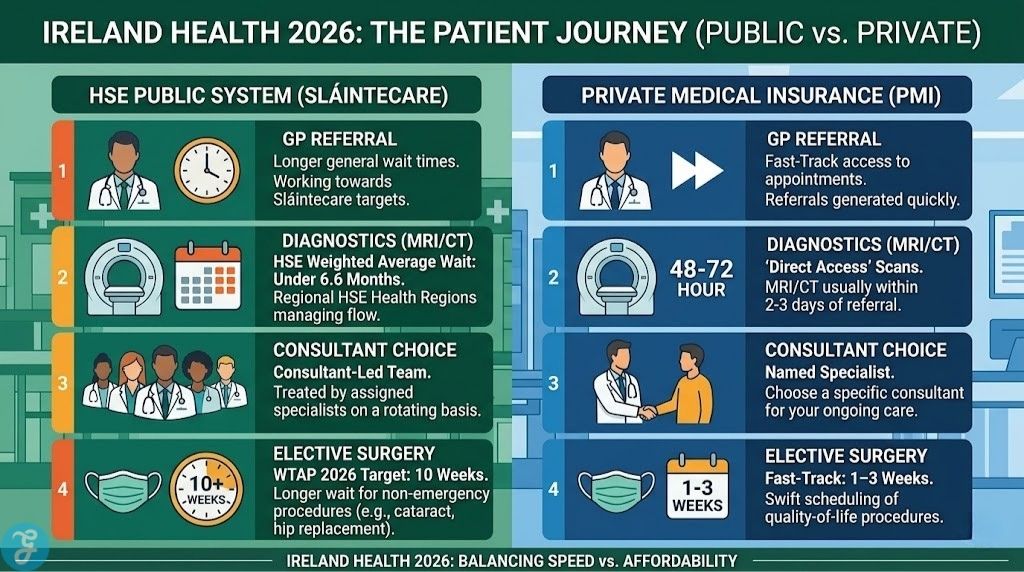 A side-by-side comparison infographic of the patient journey in Ireland’s 2026 healthcare system. It contrasts the HSE Public System with Private Medical Insurance across four stages: GP Referrals, Diagnostics (showing a 6.6-month public wait vs. 48-72 hour private access), Consultant Choice (team-led vs. named specialists), and Elective Surgery (10-week WTAP target vs. 1-3 weeks private fast-track).