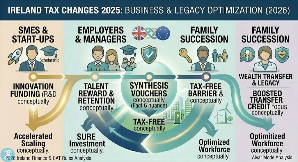 Infographic visually explaining how the Ireland tax changes 2025 impact business and legacy optimization conceptually, contrasting key themes like SMEs, Employers, and Family Succession with an approachable, uncluttered design.