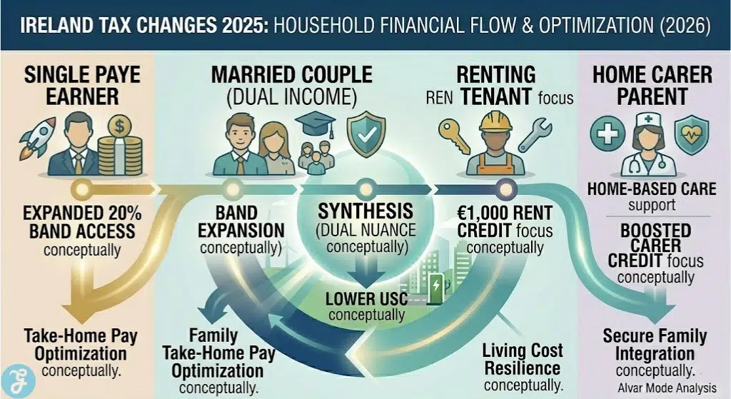 Infographic visually outlining the Ireland tax changes 2025 household financial flow and optimization conceptually for 2026, comparing Single PAYE, Married Couple, Renting Tenant, and Home Carer archetypes and synthesizing unique take-home pay outcomes.