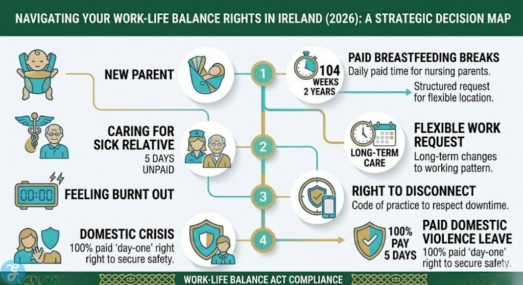 Infographic outlining a strategic decision roadmap for employees in Ireland to navigate work-life balance rights in 2026, comparing common life triggers like parent, carer, burnt-out, and crisis needs.