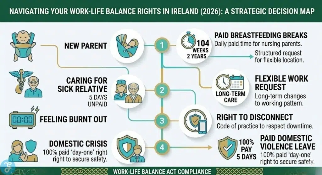 Infographic outlining a strategic decision roadmap for employees in Ireland to navigate work-life balance rights in 2026, comparing common life triggers like parent, carer, burnt-out, and crisis needs.