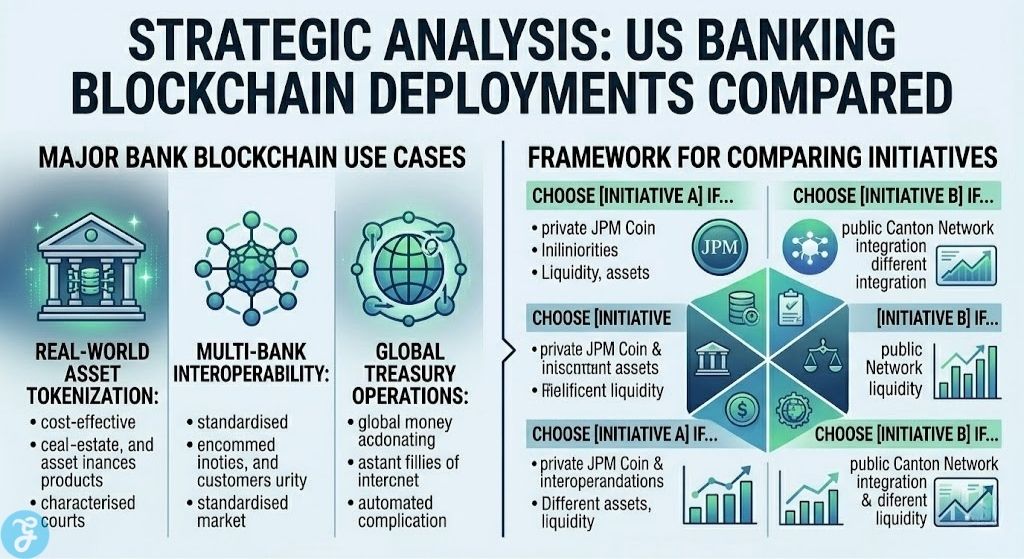 Comparative guide of major US bank blockchain use cases for global treasury operations and multi-bank interoperability.
