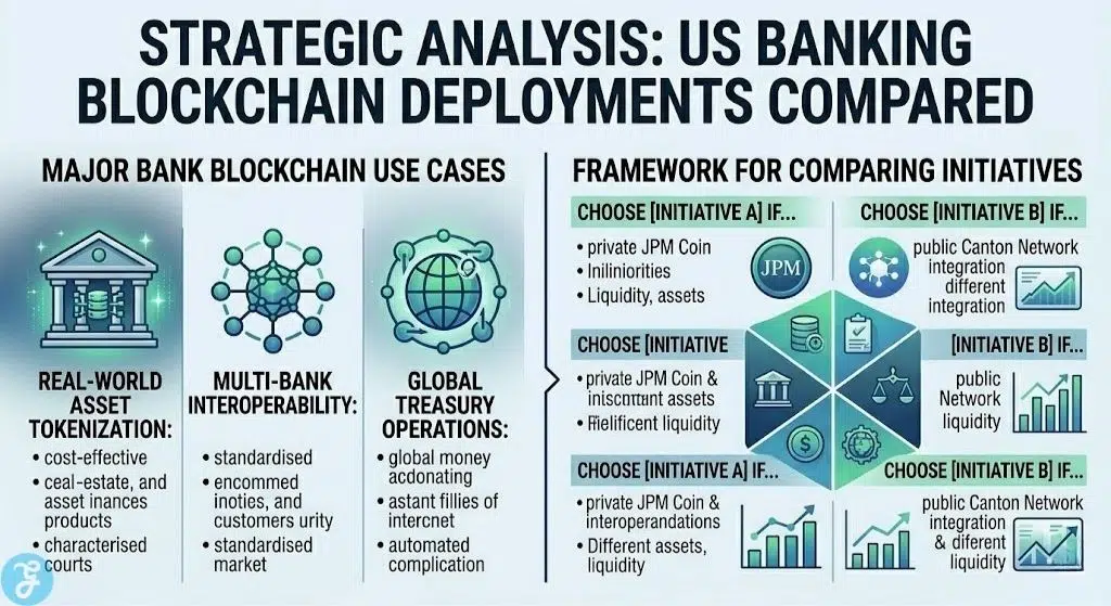 Comparative guide of major US bank blockchain use cases for global treasury operations and multi-bank interoperability.