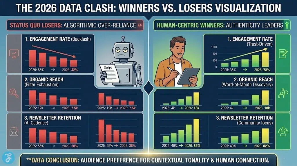 2026 data chart comparing engagement declines for AI content versus rising trust in human-led marketing teams.