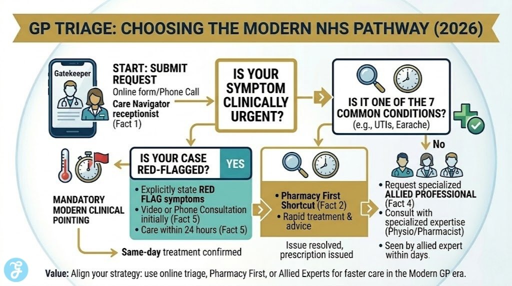 A high-end professional decision tree flowchart infographic titled 'GP TRIAGE: CHOOSING THE MODERN NHS PATHWAY (2026)' visualized within the sophisticated Navy Blue, White, Teal, and Gold Batch 3 palette, maintaining high-end professional vector icons and clean lines consistent with other images. It maps the modern clinical triage process from the initial point of contact (Fact 1) with gold sequential process arrows, maximizing white space and high readability. A stylized gatekeeper smartphone icon displays the animated flow. A central decision node splits the request into logical pathways: a Teal internal field path for 'URGENT SYMPTOM' (Fact 5, same-day assessment, stopwatch/red flag icons) versus Gold internal field paths for 'ROUTINE/MINOR ISSUE' (split: 'PHARMACY FIRST SHORTCUT' (Fact 2, minor conditions, cross/checkmark icons) versus 'ALLIED PROFESSIONAL' (Fact 4, specialized expertise in days, degree cap/clinician icons)). Small value text at the bottom: 'Align your strategy: use digital triage or specialized allied professionals for faster care in the Modern GP era.'. Sequential flow. Contained within a delicate bubble shield wash. No 'Why We Chose It' label. No footer. High quality.