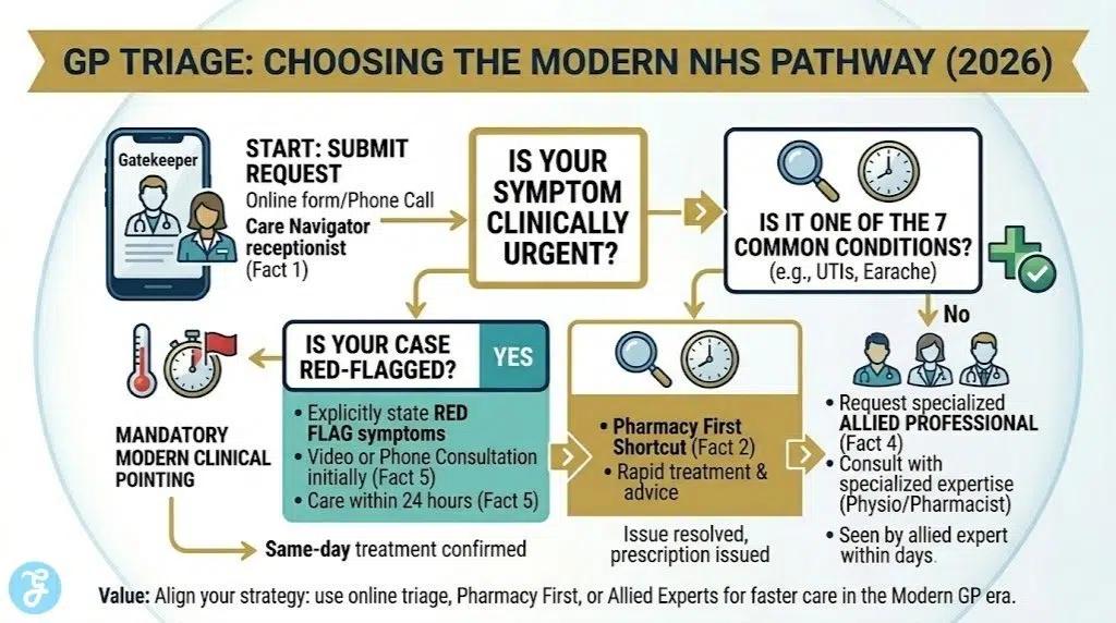 A high-end professional decision tree flowchart infographic titled 'GP TRIAGE: CHOOSING THE MODERN NHS PATHWAY (2026)' visualized within the sophisticated Navy Blue, White, Teal, and Gold Batch 3 palette, maintaining high-end professional vector icons and clean lines consistent with other images. It maps the modern clinical triage process from the initial point of contact (Fact 1) with gold sequential process arrows, maximizing white space and high readability. A stylized gatekeeper smartphone icon displays the animated flow. A central decision node splits the request into logical pathways: a Teal internal field path for 'URGENT SYMPTOM' (Fact 5, same-day assessment, stopwatch/red flag icons) versus Gold internal field paths for 'ROUTINE/MINOR ISSUE' (split: 'PHARMACY FIRST SHORTCUT' (Fact 2, minor conditions, cross/checkmark icons) versus 'ALLIED PROFESSIONAL' (Fact 4, specialized expertise in days, degree cap/clinician icons)). Small value text at the bottom: 'Align your strategy: use digital triage or specialized allied professionals for faster care in the Modern GP era.'. Sequential flow. Contained within a delicate bubble shield wash. No 'Why We Chose It' label. No footer. High quality.