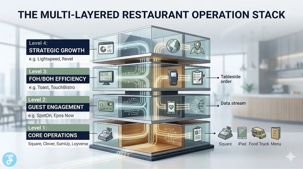 A 16:9 professional landscape infographic illustrating the layered functionality of modern restaurant POS systems, from core operations to strategic scaling.