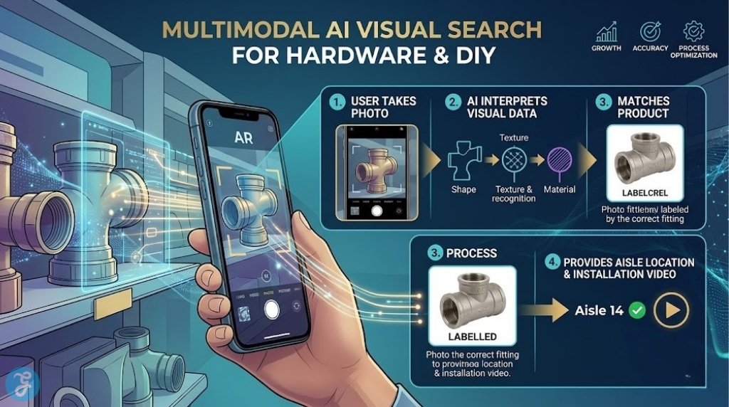 Infographic showing multimodal AI visual search for Australian hardware and DIY, using image input to find parts.