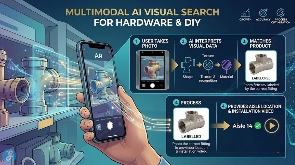 Infographic showing multimodal AI visual search for Australian hardware and DIY, using image input to find parts.