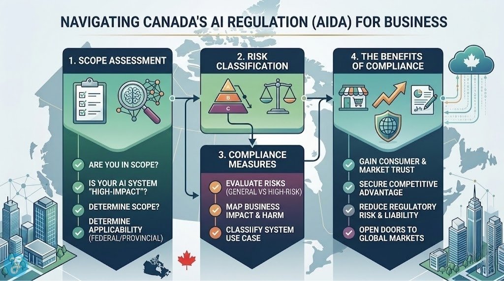 A business flowchart infographic explaining how companies can navigate Canada's AI Regulation (AIDA), covering scope assessment, risk classification, compliance measures, and benefits.