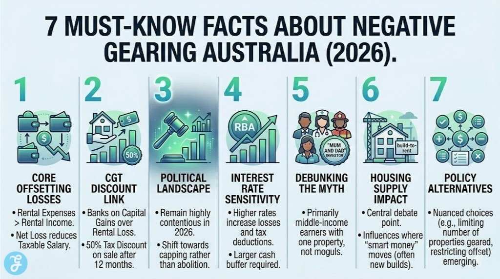 Infographic of 7 facts about Negative Gearing Australia including tax offsets and CGT links.