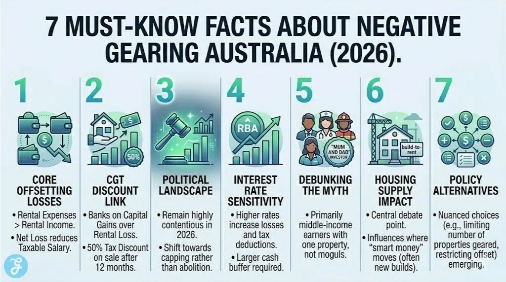 Infographic of 7 facts about Negative Gearing Australia including tax offsets and CGT links.