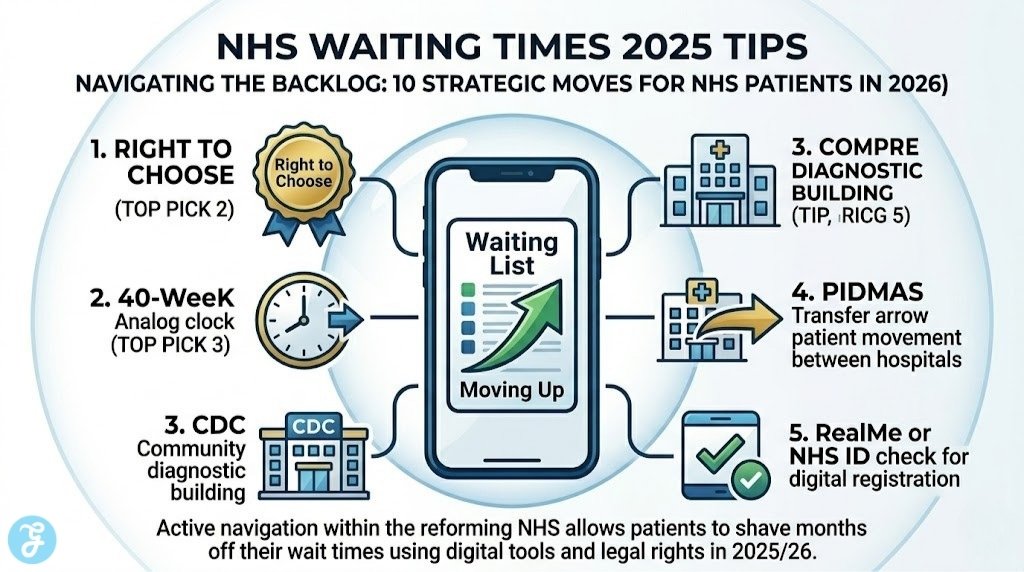 A professional high-end vector illustration 16:9 landscape infographic showing a stylized digital 'Waiting List' on a modern smartphone, featuring a prominent green 'Moving Up' arrow. This central icon is surrounded by vector elements for Right to Choose, a 40-Week clock, PIDMAS transfers, a CDC diagnostic building, and a RealMe ID checkmark, using a Navy Blue, White, Teal, and Gold palette consistent with the other batch infographics. No footer.