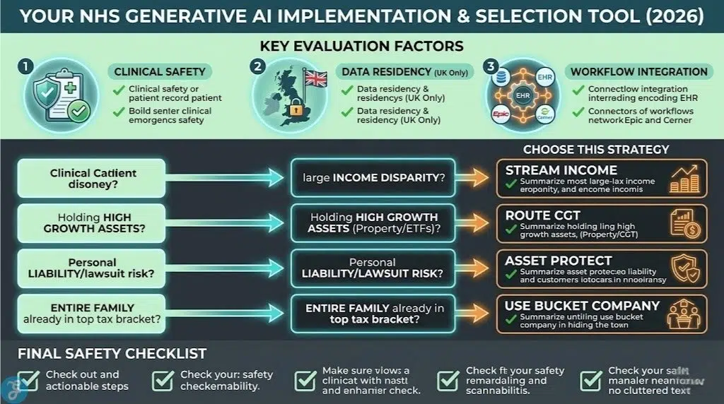 Infographic providing a practical NHS buyer's guide and implementation tool for generative AI solutions.